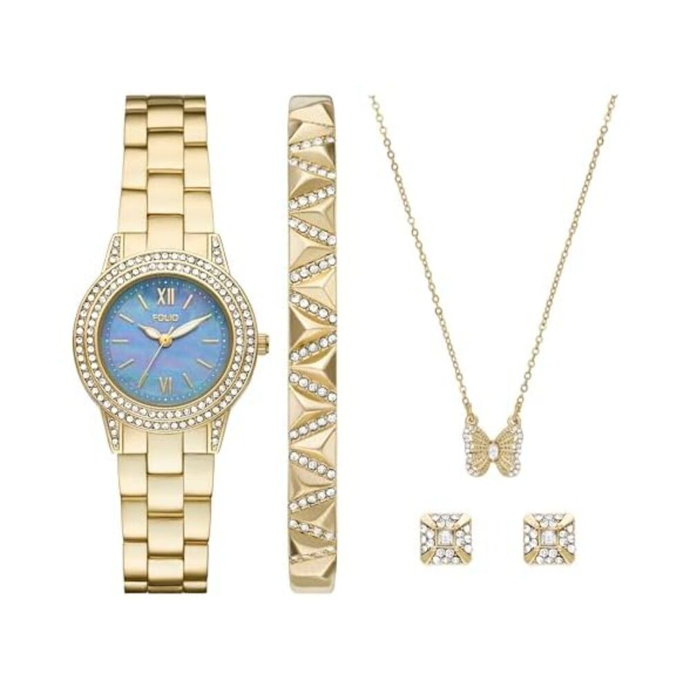 Folio Ladies' Three-Hand Gold-Tone Watch bracelet, necklace and earrings